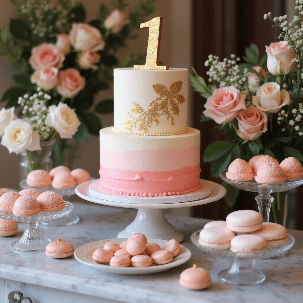 Magical First Birthday Girl Party: Ultimate Styling & Photography Guide An elegant dessert display for a 'Onederful' themed party featuring a three-tiered ombré cake in blush and cream, adorned with gold leaf and a '1' topper, surrounded by pink champagne truffles, vanilla bean macarons, and rose-flavored meringues on varying height glass stands, accented with fresh roses and baby's breath on a marble countertop under warm lighting.