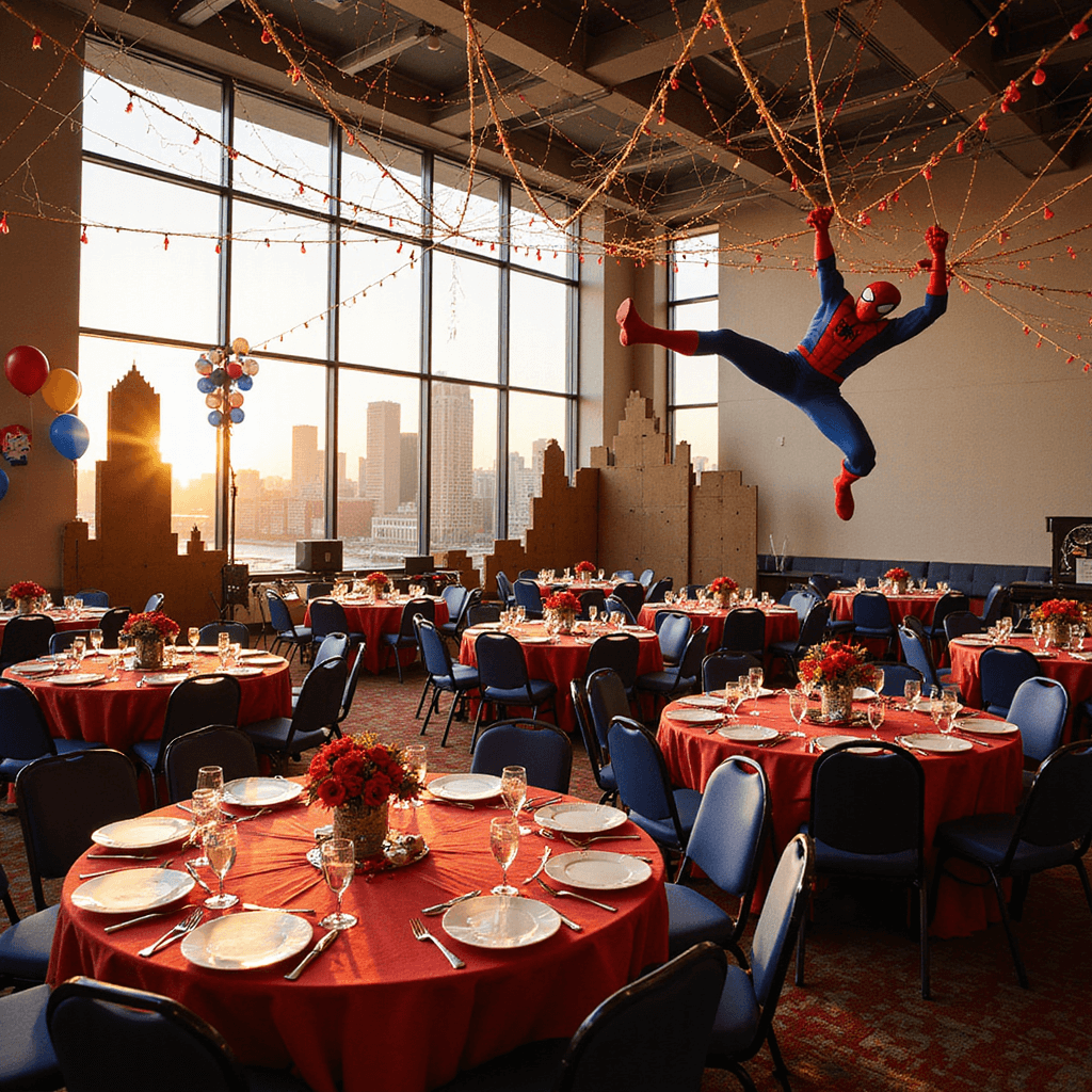 Ultimate Spider-Man Birthday Party: Web-Slinging Celebration Guide A vibrant indoor ballroom decorated as a Spider-Man cityscape, featuring yarn webs, balloon arches, a cardboard skyline backdrop, web-patterned table linens, comic book centerpieces, and a large Spider-Man cutout. A DIY mask creation station is bustling with young superheroes.