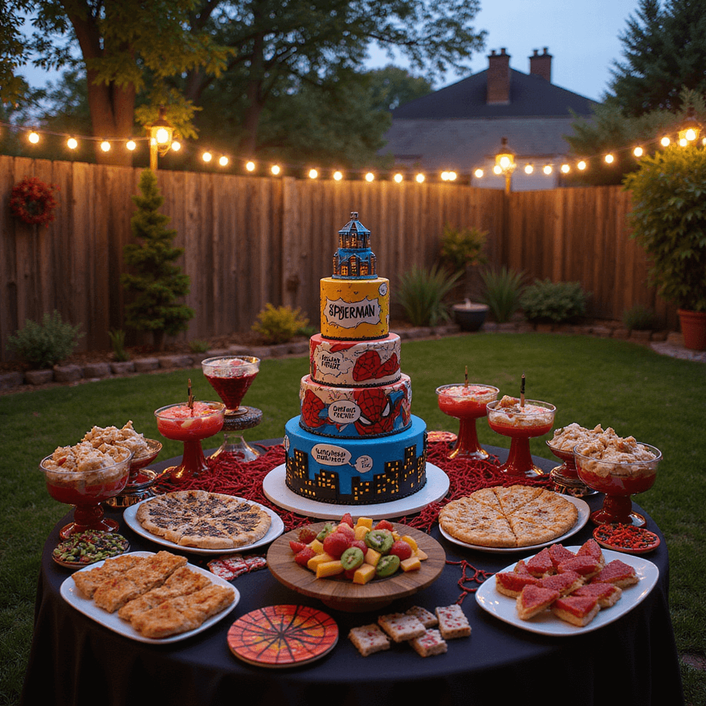 Ultimate Spider-Man Birthday Party: Web-Slinging Celebration Guide A whimsical backyard oasis at dusk adorned with twinkling fairy lights, featuring a handcrafted obstacle course with rope bridges and foam buildings, a grand comic book-style cake with action panels, a dessert table with themed snacks, and kids joyfully navigating a red yarn 'laser' maze.
