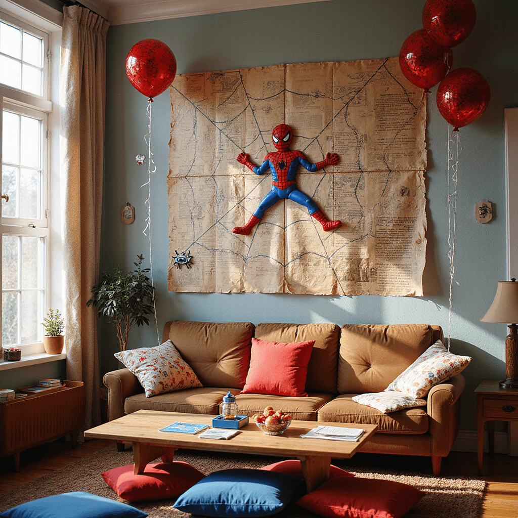Ultimate Spider-Man Birthday Party: Web-Slinging Celebration Guide A cozy living room filled with afternoon sunlight, playfully decorated for a Spider-Man celebration. The walls feature oversized comic book pages and DIY webbing, with a 'Pin the Spider on Spider-Man' game prominently displayed. Red and blue plush floor cushions surround low tables for snacks, while a 'Peter Parker's secret lair' photo booth with lab coat props and a faux camera is set in the corner. Helium-filled Spider-Man balloons float above, their strings entwined in decorative webbing.