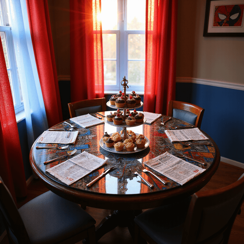 Ultimate Spider-Man Birthday Party: Web-Slinging Celebration Guide An intimate superhero-themed dining nook with golden hour light, featuring a round table adorned with comic book decoupage under glass, personalized 'Daily Bugle' placemats, spiderweb-shaped napkins, and a multi-tiered stand of themed treats, alongside a 'Superhero Survival Kit' station with mini web shooter gloves and comic book snippets.