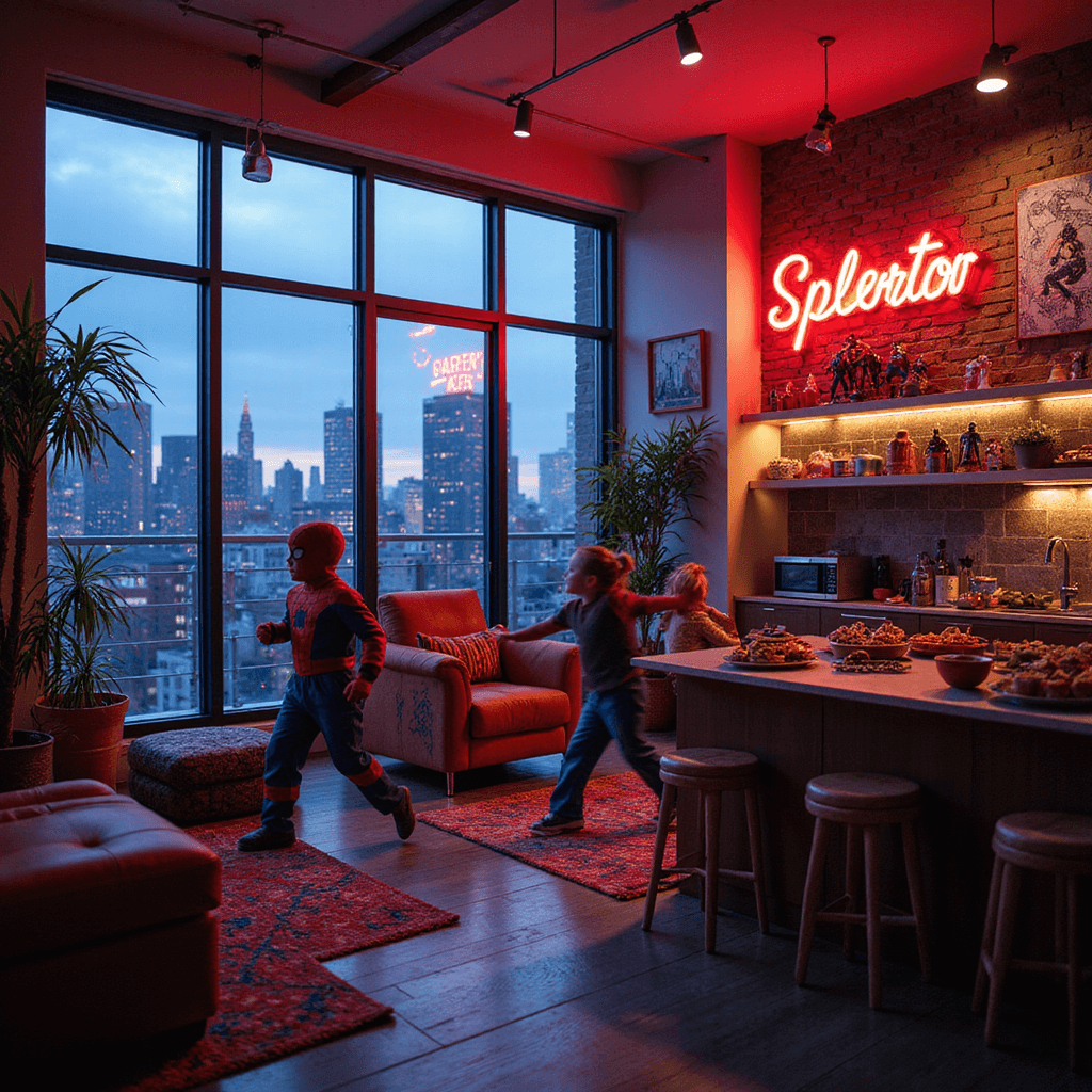 Ultimate Spider-Man Birthday Party: Web-Slinging Celebration Guide A modern apartment at twilight with neon Spider-Man signage, showcasing a scavenger hunt among web-covered furnishings, superhero-themed snacks, and kids in Spidey poses, against a city backdrop.