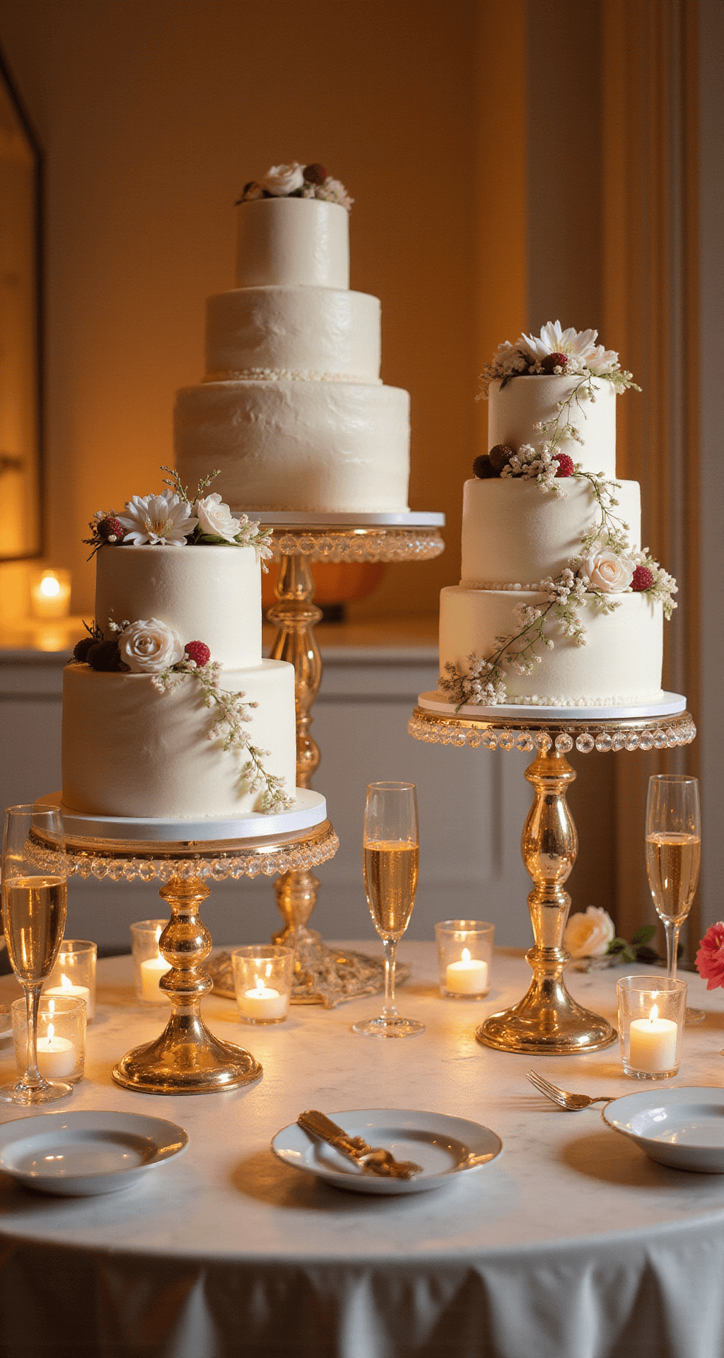 WEDDING CAKE FLAVORS: THE ULTIMATE FLAVOR GUIDE A sophisticated wedding cake display featuring multi-tiered cakes on crystal stands, adorned with delicate sugar flowers and fresh berries, set against a marble countertop illuminated by warm ambient lighting.