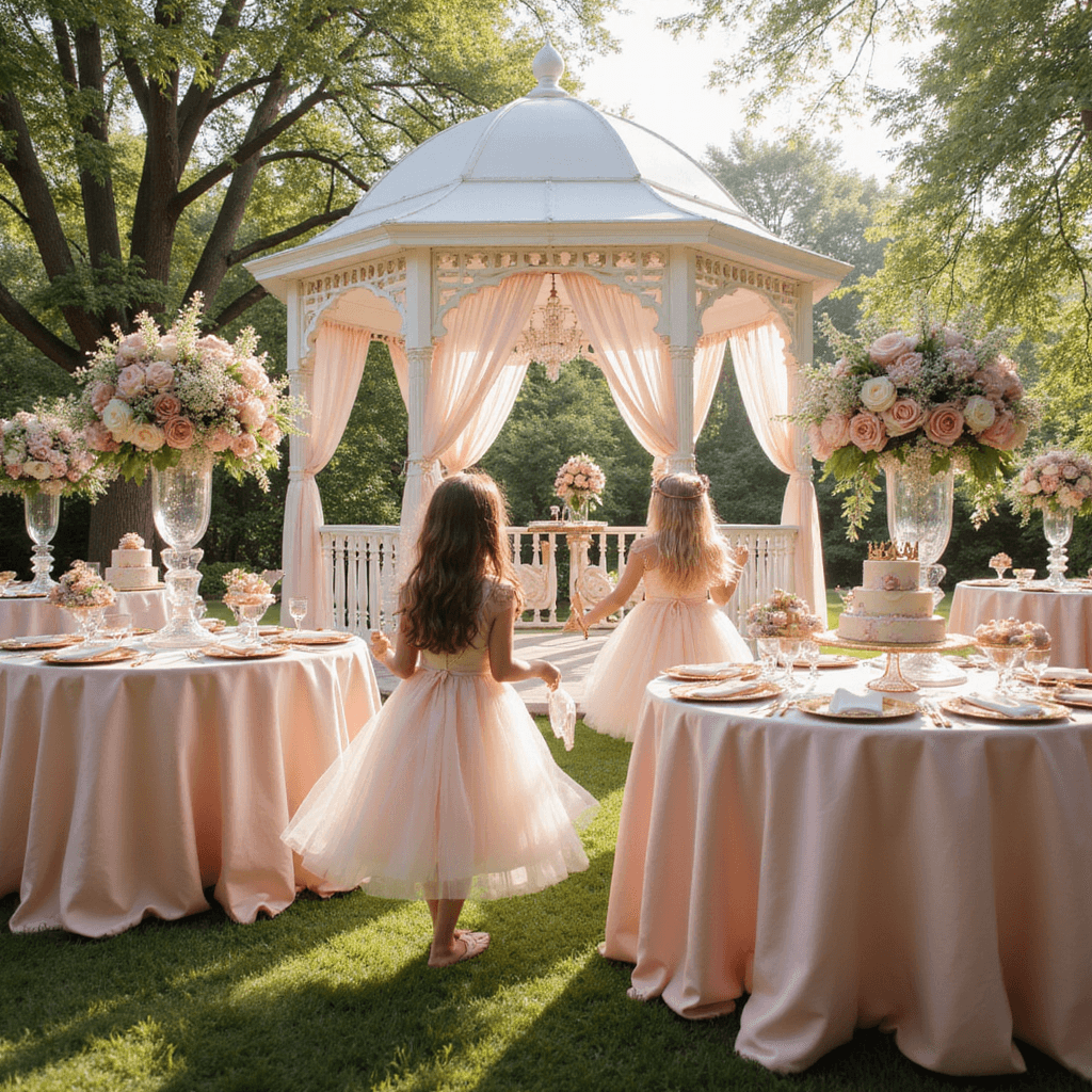 Girls Birthday Party Ideas: The Ultimate Guide to Creating Magical Memories A whimsical birthday party in a sunlit garden features a grand white gazebo draped in tulle and fairy lights, surrounded by blush pink tables with floral centerpieces, gold tiaras as place settings, and a lavish dessert table showcasing a tiered castle cake and pastel treats, while little girls in tulle dresses play joyfully.