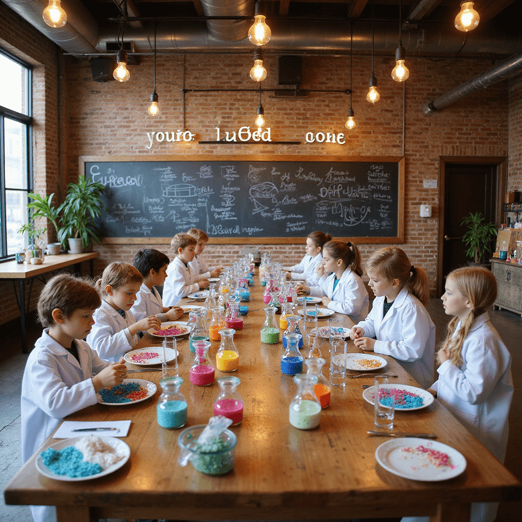 Girls Birthday Party Ideas: The Ultimate Guide to Creating Magical Memories A vibrant DIY Science Lab party in a modern loft with wooden tables set up for young scientists, featuring lab coats and goggles, colorful test tubes and beakers, chalkboards with scientific formulas, Edison bulbs, neon signs, a dry ice station, and a slime-making area with glittery concoctions.