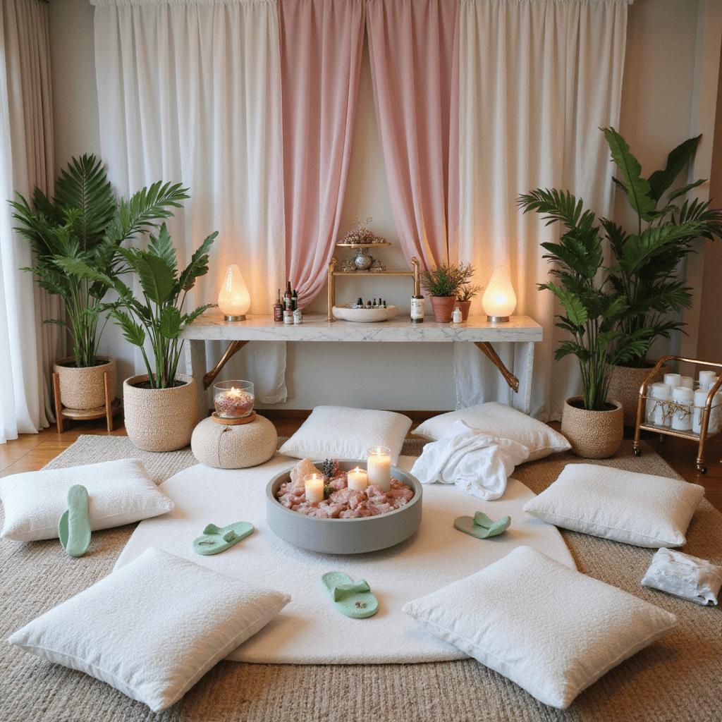 Girls Birthday Party Ideas: The Ultimate Guide to Creating Magical Memories Luxurious spa day setup in a cozy living room with plush cushions, rose quartz crystals, candles, and pampering stations featuring face masks and aromatherapy oils, surrounded by potted plants and a trickling fountain, illuminated by Himalayan salt lamps.