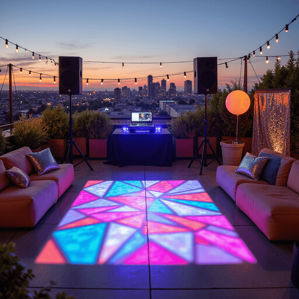 Girls Birthday Party Ideas: The Ultimate Guide to Creating Magical Memories A vibrant rooftop dance party filled with colorful lights, a professional DJ booth, bold modular seating, oversized neon balloons, and a sequined photo booth backdrop, as the sun sets.