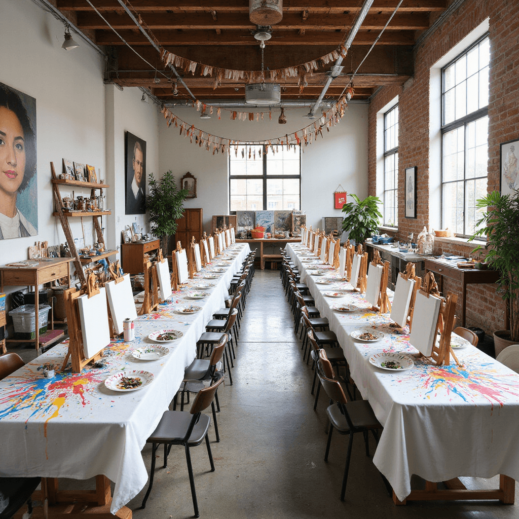 Girls Birthday Party Ideas: The Ultimate Guide to Creating Magical Memories A vibrant art studio party in a converted warehouse, featuring colorful tables with easels and paint supplies, adorned walls with famous artworks, a bustling supply station, and natural light streaming in.