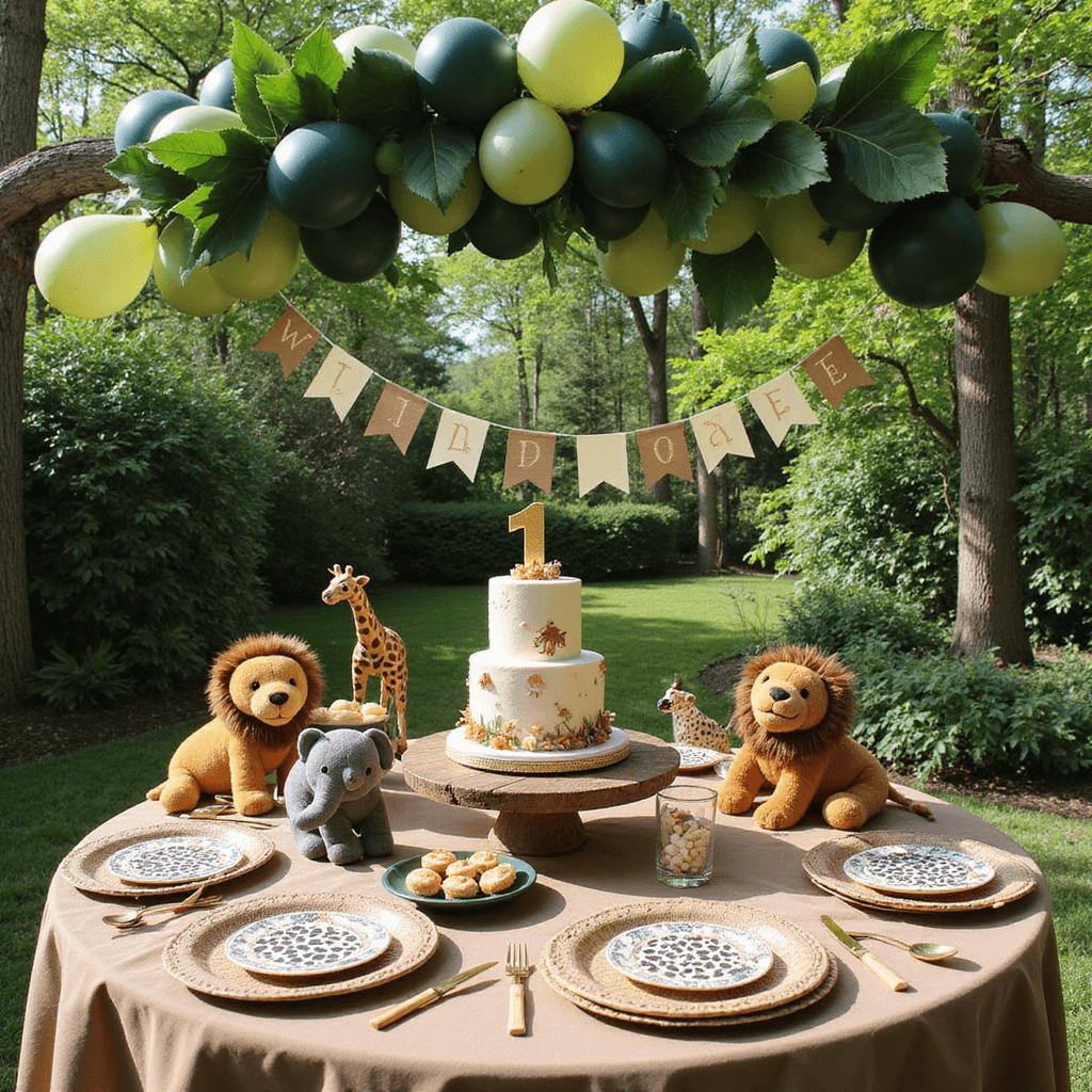 15 Adorable First Birthday Party Ideas for Boys: A Complete Celebration Guide A vibrant sunlit garden party setup for a 'Wild One Safari Adventure' first birthday, featuring a round table with a khaki linen tablecloth, a multi-tiered jungle-themed cake, animal-print cookies, stuffed animals, an overhead canopy of green leaf-shaped balloons, and a 'Wild One' burlap banner in the background.