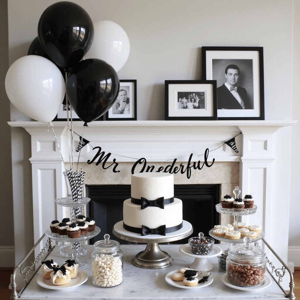 15 Adorable First Birthday Party Ideas for Boys: A Complete Celebration Guide A chic living room celebration for 'Mr. Onederful,' featuring a two-tier white fondant cake with black bow tie details on a marble dessert cart, surrounded by glass jars of black and white candies, tuxedo cupcakes on tiered platters, and black, white, and silver balloons above, with a fireplace mantel decorated with a stylish 'Mr. Onederful' banner and framed photos of the birthday boy.