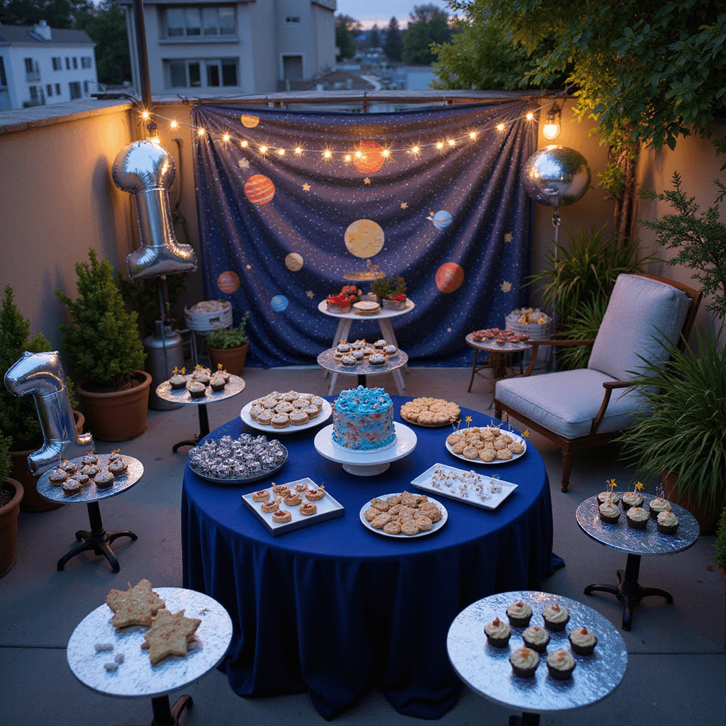 15 Adorable First Birthday Party Ideas for Boys: A Complete Celebration Guide A whimsical rooftop party setup themed 'Space Explorer: First Trip Around the Sun,' featuring a central circular dessert table draped in deep blue velvet, surrounded by satellite tables with metallic surfaces. The highlight is a 3D rocket ship cake surrounded by star-shaped cookies, planetary cake pops, and astronaut-themed cupcakes, all under twinkling fairy lights and complemented by large silver mylar number '1' balloons and a shimmering cosmic backdrop.
