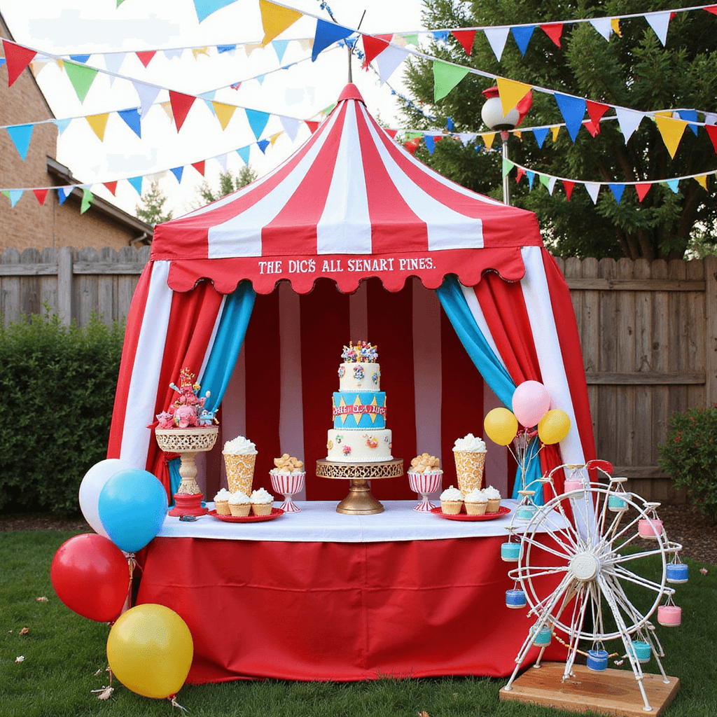15 Adorable First Birthday Party Ideas for Boys: A Complete Celebration Guide A vibrant backyard circus celebration featuring a red and white striped tent, a dessert table designed like a ticket booth, a three-tier circus cake adorned with elephants, clowns, and a big top tent, surrounded by circus-themed treats like cake pops, cotton candy, and popcorn cupcakes, with whimsical balloon animals, oversized lollipops, and a mini Ferris wheel in the foreground, all decorated with colorful pennant flags overhead.
