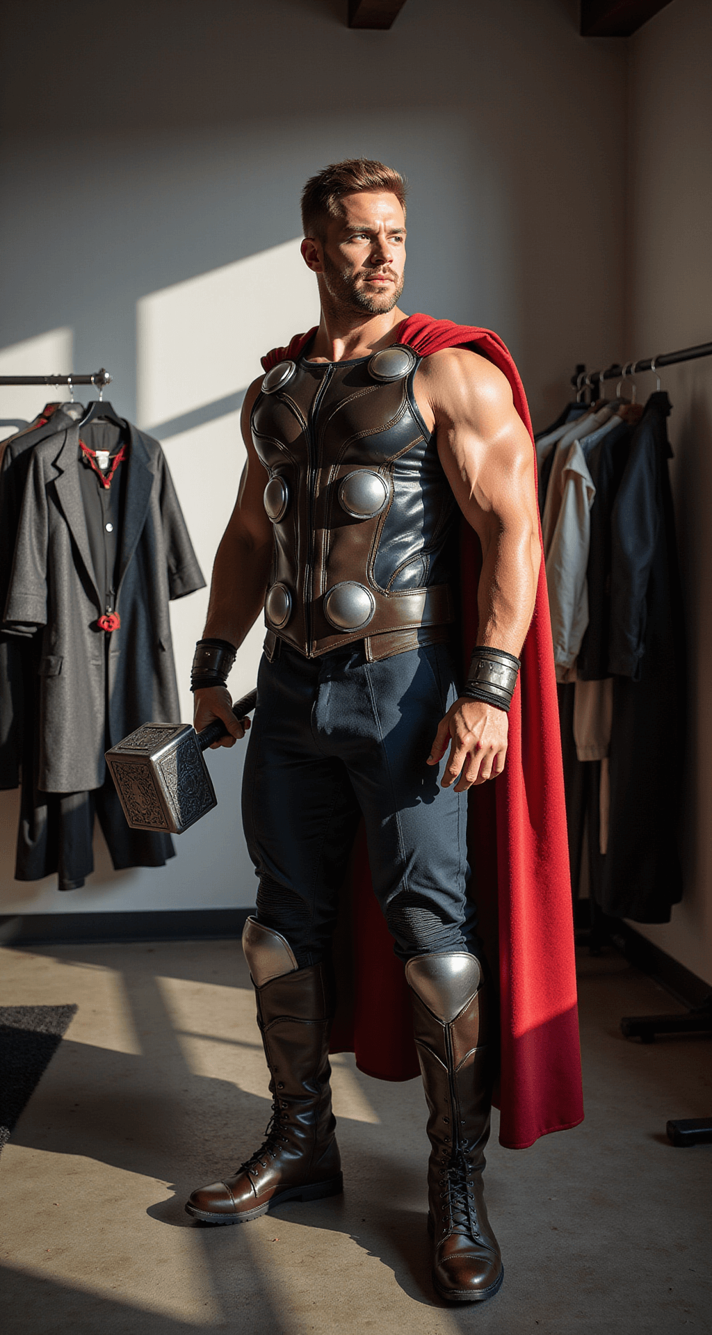 The Ultimate Men's Halloween Costume for 2025: Easy to Epic Ideas A muscular man in a minimalist home gym tries on a movie-quality Thor costume with a foam muscle suit, cape, and Mjolnir prop, as dramatic late afternoon light emphasizes the metallic details and leather-like materials, with costume pieces displayed on a nearby clothing rack.