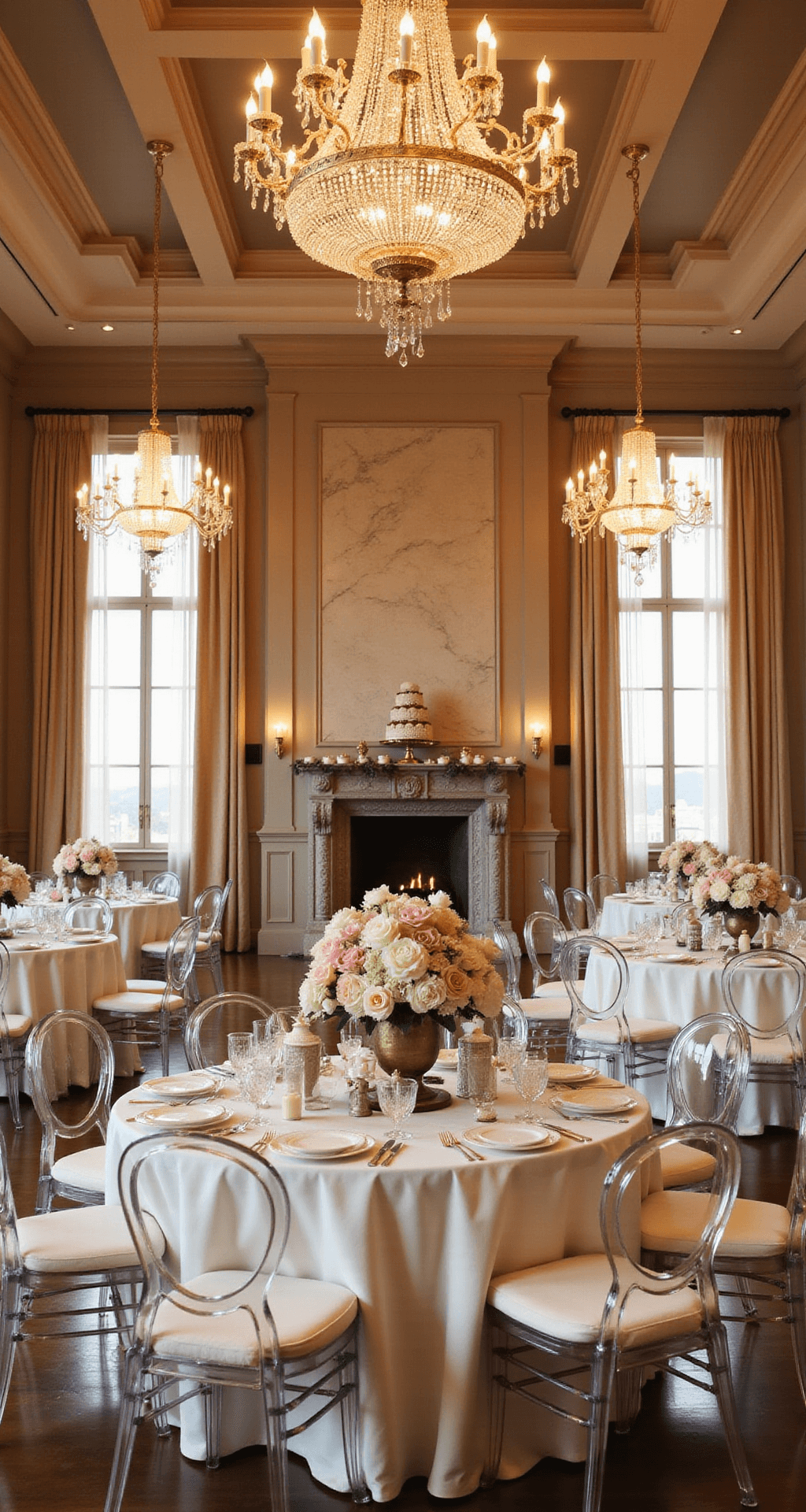 The Ultimate Guide to Planning Your Dream Wedding & Celebrations A wide-angle view of a grand ballroom at golden hour, featuring 20-foot ceilings, crystal chandeliers, round tables with ivory silk linens, blush garden roses and white peonies in mercury glass vessels, ghost chairs, sheer champagne drapery, a marble fireplace with an elaborate dessert display, and soft uplighting against architectural columns.