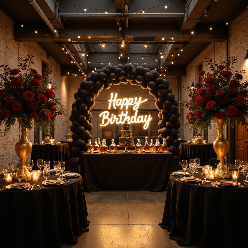 Epic Men's Birthday Party Decor: A Pro's Guide to Unforgettable Celebrations Sophisticated Black & Gold Luxe birthday party setup in a dimly lit loft, featuring round tables with black linens, towering floral centerpieces, a matte black and gold balloon arch, a neon 'Happy Birthday' sign, a whiskey bar with crystal decanters, and an opulent three-tiered cake.