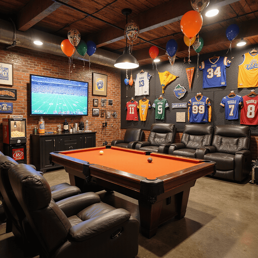 Epic Men's Birthday Party Decor: A Pro's Guide to Unforgettable Celebrations An energetic sports fan cave celebration in a converted garage, featuring bright lighting, walls adorned with jerseys and pennants, a custom pool table, leather recliners facing a large TV, a snack station with a popcorn machine and beer tap, colorful team balloons, and a basketball hoop, captured from a low angle to emphasize the lively atmosphere.