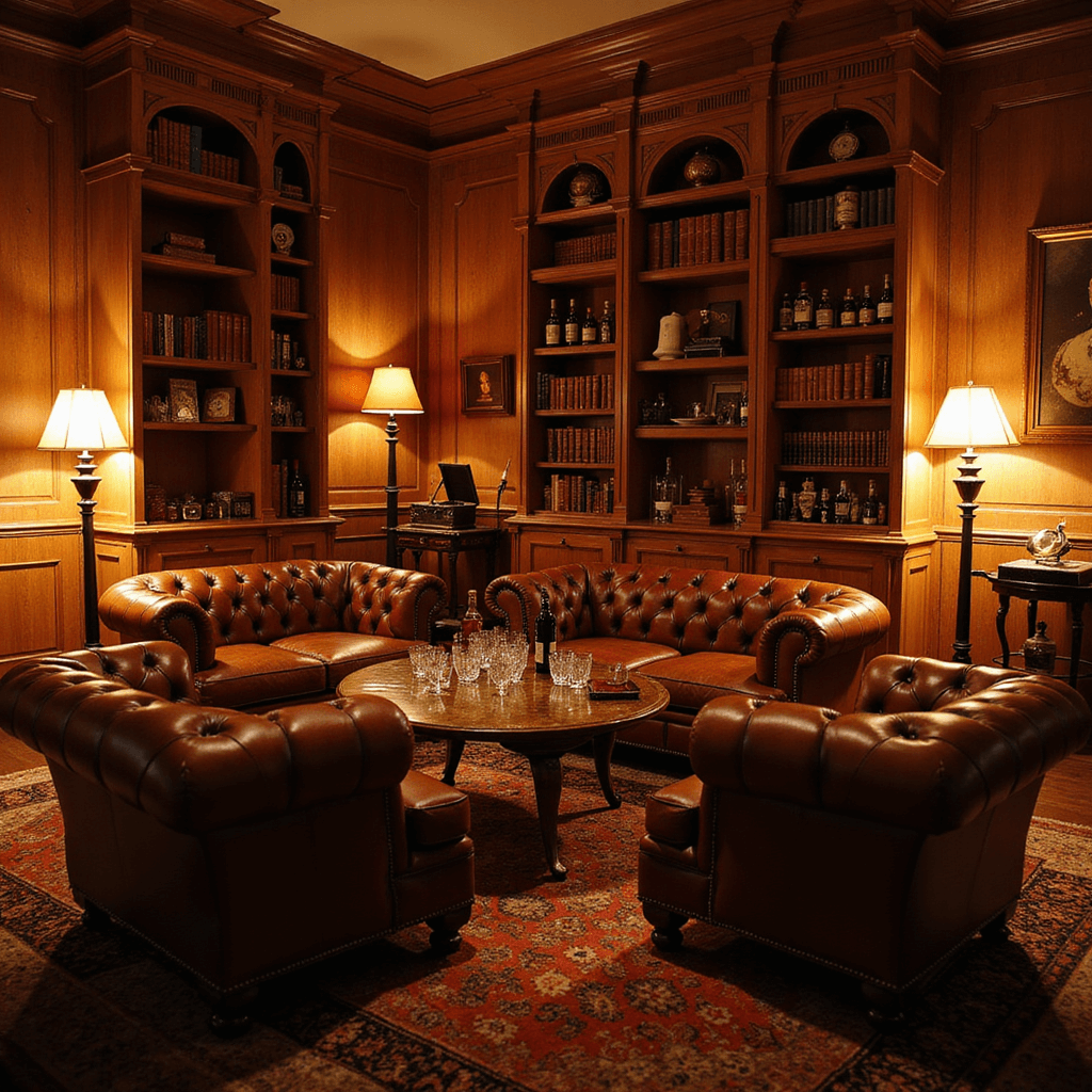 Epic Men's Birthday Party Decor: A Pro's Guide to Unforgettable Celebrations An intimate whiskey lounge birthday gathering featuring deep leather Chesterfield sofas, warm amber lighting, a low table with crystal tumblers and rare whiskeys, leather-bound bookshelves, and a vintage globe bar cart, all enveloped in a cozy atmosphere enhanced by soft jazz from a retro record player.