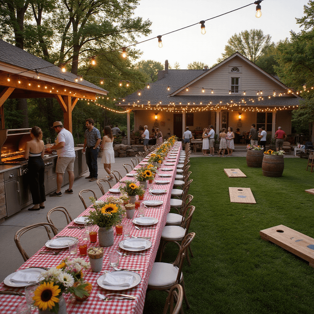 Epic Men's Birthday Party Decor: A Pro's Guide to Unforgettable Celebrations A vibrant outdoor BBQ gathering at golden hour with string lights, a long farmhouse table adorned with a red gingham tablecloth, enamelware dishes, sunflowers in galvanized buckets, a grill master cooking, and guests enjoying lawn games on manicured grass.