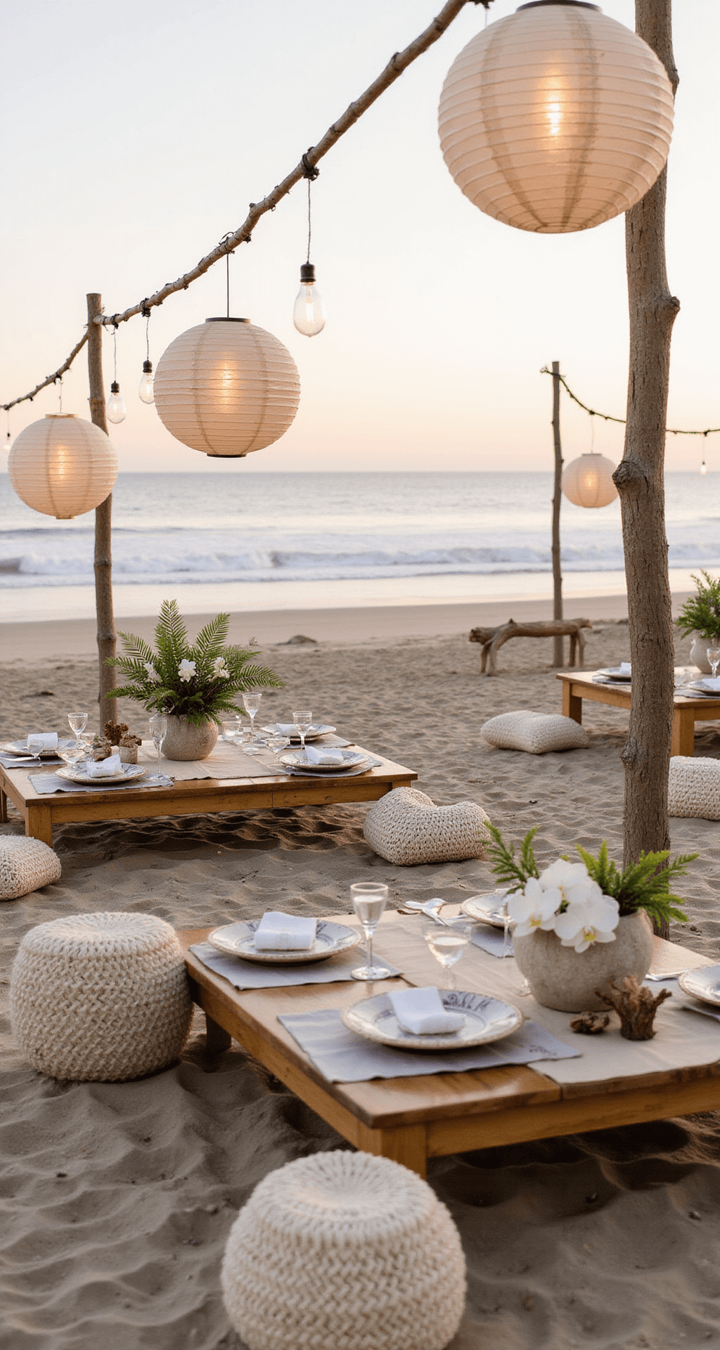 The Ultimate Guide to Planning Your Dream Wedding & Celebrations A beachfront welcome party at magic hour with low wooden tables in the sand, surrounded by cream cushions, driftwood accents, and paper lanterns overhead, featuring Mediterranean appetizers on shell-encrusted chargers and palm frond arrangements.