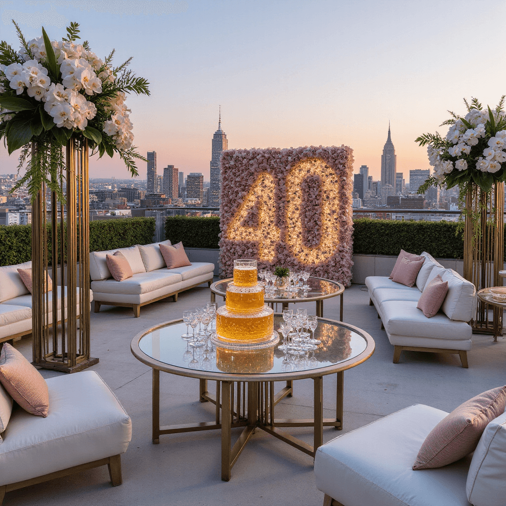 Epic Men's Birthday Party Decor: A Pro's Guide to Unforgettable Celebrations An elegant rooftop terrace set for a 40th birthday celebration, featuring panoramic city views at sunset with soft pink and orange hues. Glass high-top tables with tall floral arrangements of white orchids and greenery, a central champagne tower, sleek white lounge furniture, and a custom photo wall with a 3D '40' installation covered in fresh roses.
