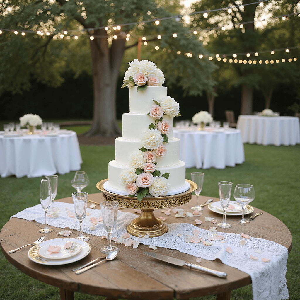White Wedding Cakes with Flowers: Your Ultimate Guide to Timeless Elegance A sunlit garden wedding reception featuring a grand white tiered cake adorned with hydrangeas and roses, positioned on a vintage wood table with lace drapery, surrounded by dessert plates, champagne flutes, and rose petals, with round tables and twinkling string lights in the background.