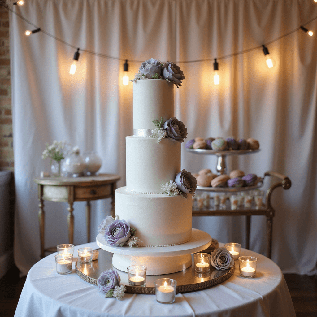 White Wedding Cakes with Flowers: Your Ultimate Guide to Timeless Elegance An elegant indoor wedding celebration featuring a sleek white wedding cake adorned with lavender and silver sugar flowers, placed on a mirrored platform. Candlelight from mercury glass votives reflects softly around the cake, set against a sheer white drapery backdrop. A dessert cart with matching macarons and petit fours enhances the scene, illuminated by warm Edison bulbs.