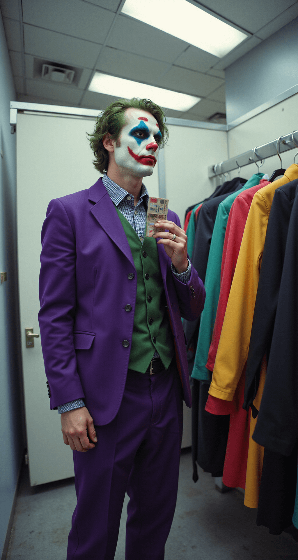 The Ultimate Men's Halloween Costume for 2025: Easy to Epic Ideas A slim-built man assembles a budget-friendly Joker costume in a thrift store changing room, wearing a purple blazer and testing face paint swatches amid colorful clothing options, illuminated by fluorescent lighting.