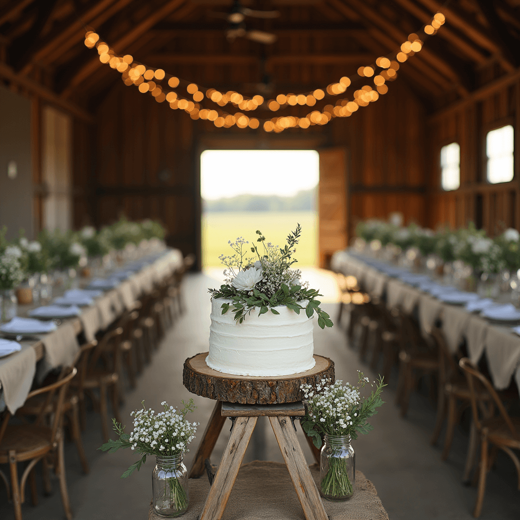White Wedding Cakes with Flowers: Your Ultimate Guide to Timeless Elegance A rustic barn wedding scene featuring a naked cake with white frosting and fresh flowers on a vintage ladder dessert stand, surrounded by mason jars with wildflowers, burlap bunting, and fairy lights, with farm tables and mismatched chairs in the background and golden hour light streaming through open barn doors.