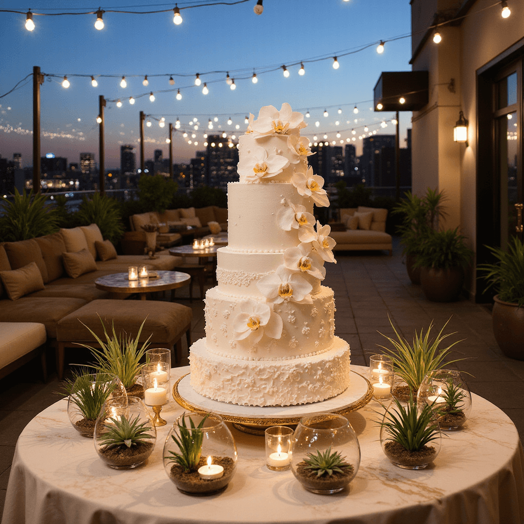 White Wedding Cakes with Flowers: Your Ultimate Guide to Timeless Elegance A luxurious rooftop celebration featuring a six-tier white cake with royal icing and sugar orchids, surrounded by gold terrariums and votives, with a twilight city skyline and market lights overhead.