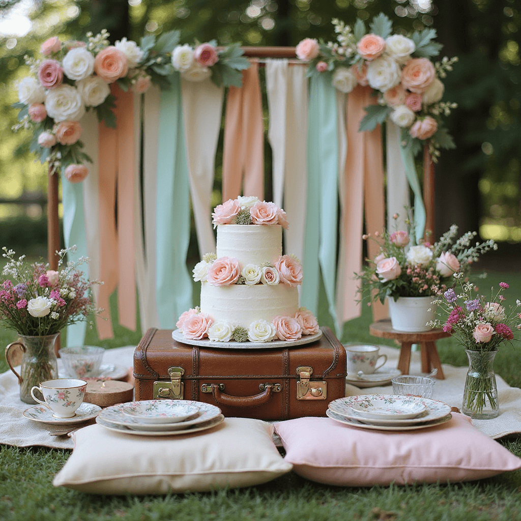 White Wedding Cakes with Flowers: Your Ultimate Guide to Timeless Elegance A whimsical backyard micro-wedding scene featuring a petite two-tier white cake adorned with fresh garden roses and hand-painted fondant flowers, set atop a vintage suitcase stack. Mismatched teacups filled with blooms surround the cake, while a homemade backdrop of paper flowers and ribbons in blush, mint, and peach enhances the dreamy atmosphere. A low table with floor cushions showcases colorful glassware, patterned plates, and bud vases of wildflowers, all illuminated by soft afternoon light filtering through the trees.