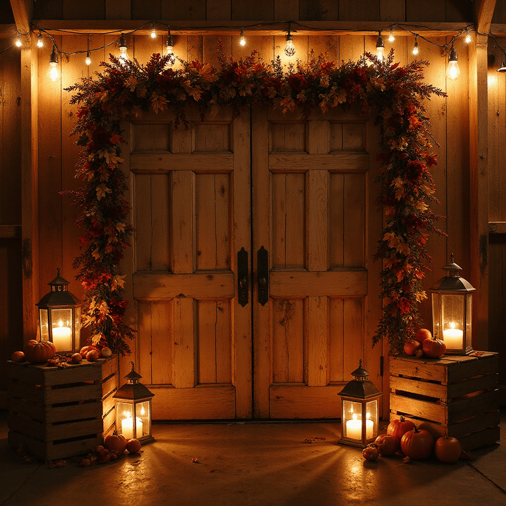 Wedding Altar Flowers: Your Ultimate Guide to Breathtaking Ceremony Decor An intimate autumn wedding scene in a rustic barn at dusk, featuring warm fairy lights overhead, a floral-adorned altar framed by old wooden doors, vintage lanterns and pillar candles casting a cozy glow, and wooden crates filled with apples and pumpkins, all captured in a cinematic wide shot.