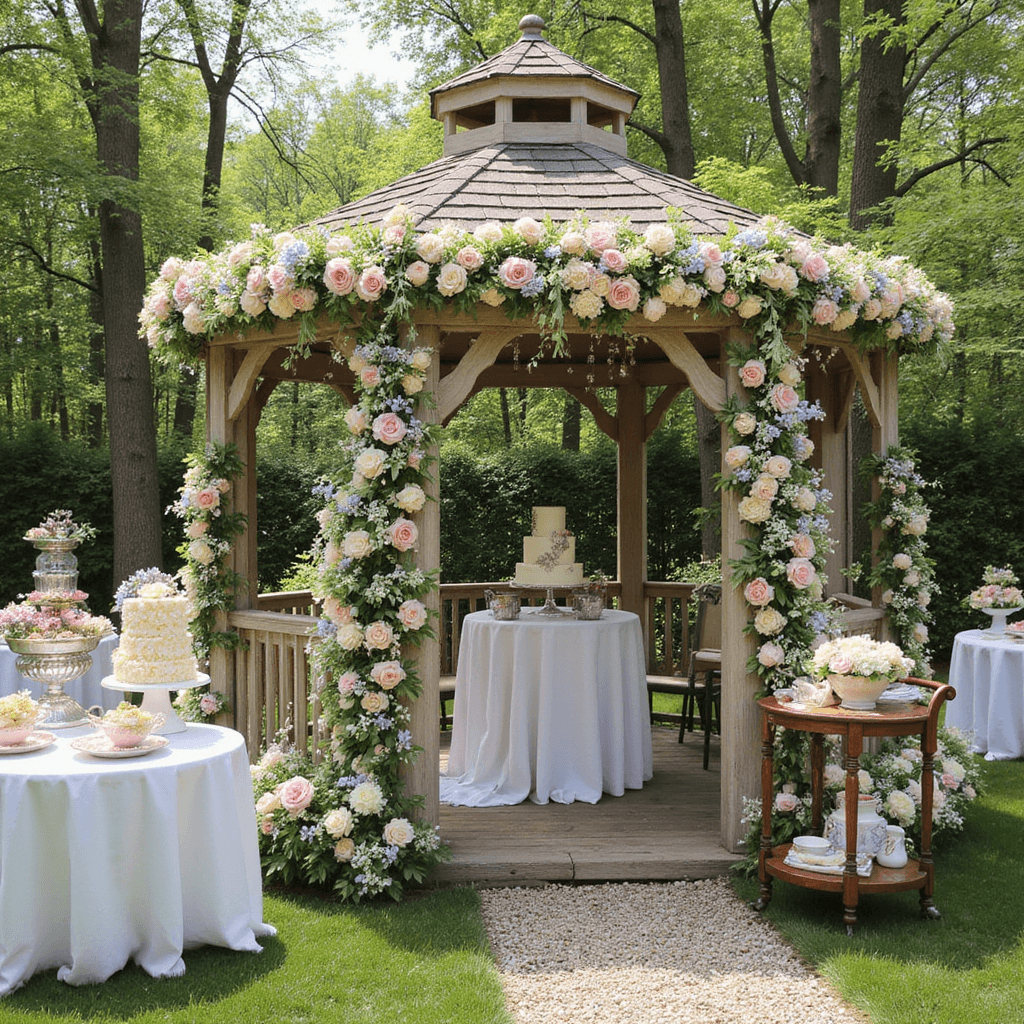 Wedding Altar Flowers: Your Ultimate Guide to Breathtaking Ceremony Decor A whimsical garden party wedding features a pastel floral gazebo altar, mismatched vintage teacups with flower arrangements on tables, and a dessert cart with a tiered cake, all bathed in bright spring sunlight and sparkles from crystal prisms.