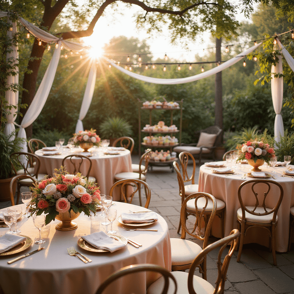 Spring Wedding Bouquets: Your Ultimate Guide to Capturing Seasonal Romance in Floral Perfection A wide-angle view of a sunlit garden terrace adorned with blush silk table linens, lush peony and ranunculus centerpieces, gold-rimmed place settings, and a vintage dessert cart with pastel-frosted cupcakes, all under a romantic canopy of fairy lights and sheer drapery at golden hour.