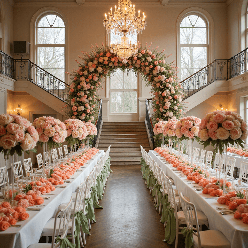 Spring Wedding Bouquets: Your Ultimate Guide to Capturing Seasonal Romance in Floral Perfection An elegant indoor ballroom transformed into a spring wonderland with crystal chandeliers, tables adorned with tulip runners in pale pink and coral, white Chiavari chairs with green silk ribbons, and a grand floral arch framing a sweeping staircase, captured from a low angle to highlight the grandeur and light play on floral designs.