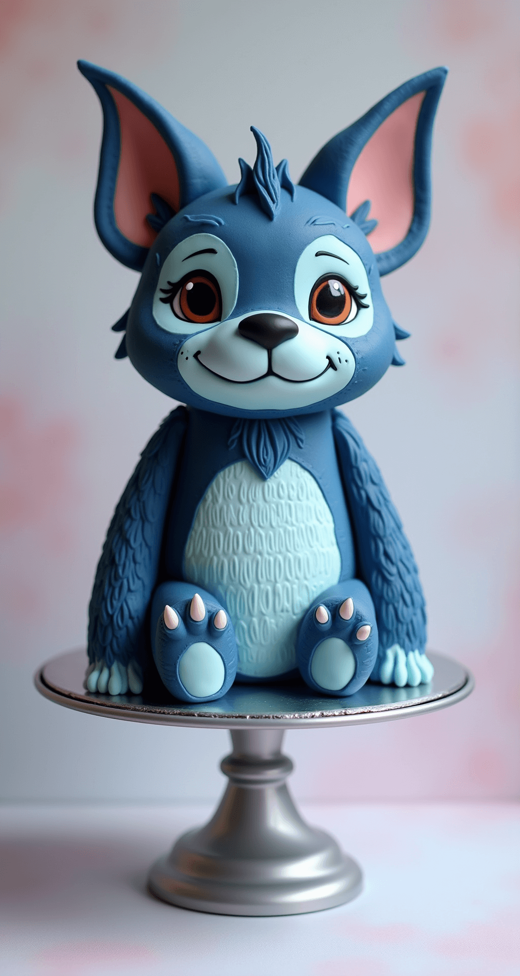 BLUEY BIRTHDAY CAKE: THE ULTIMATE CHARACTER CELEBRATION DESSERT A detailed 3D cake of Bluey on a silver stand, featuring smooth blue buttercream fur, Rice Krispie ears covered in fondant, and hand-piped facial details, set against a pastel background with soft lighting.