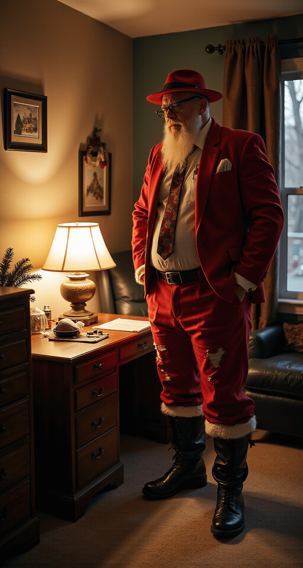 The Ultimate Men's Halloween Costume for 2025: Easy to Epic Ideas A larger gentleman adjusts a distressed red 'Santa gone wrong' costume in his cozy home office, illuminated by warm desk lamp lighting, surrounded by costume props and accessories on a nearby desk.