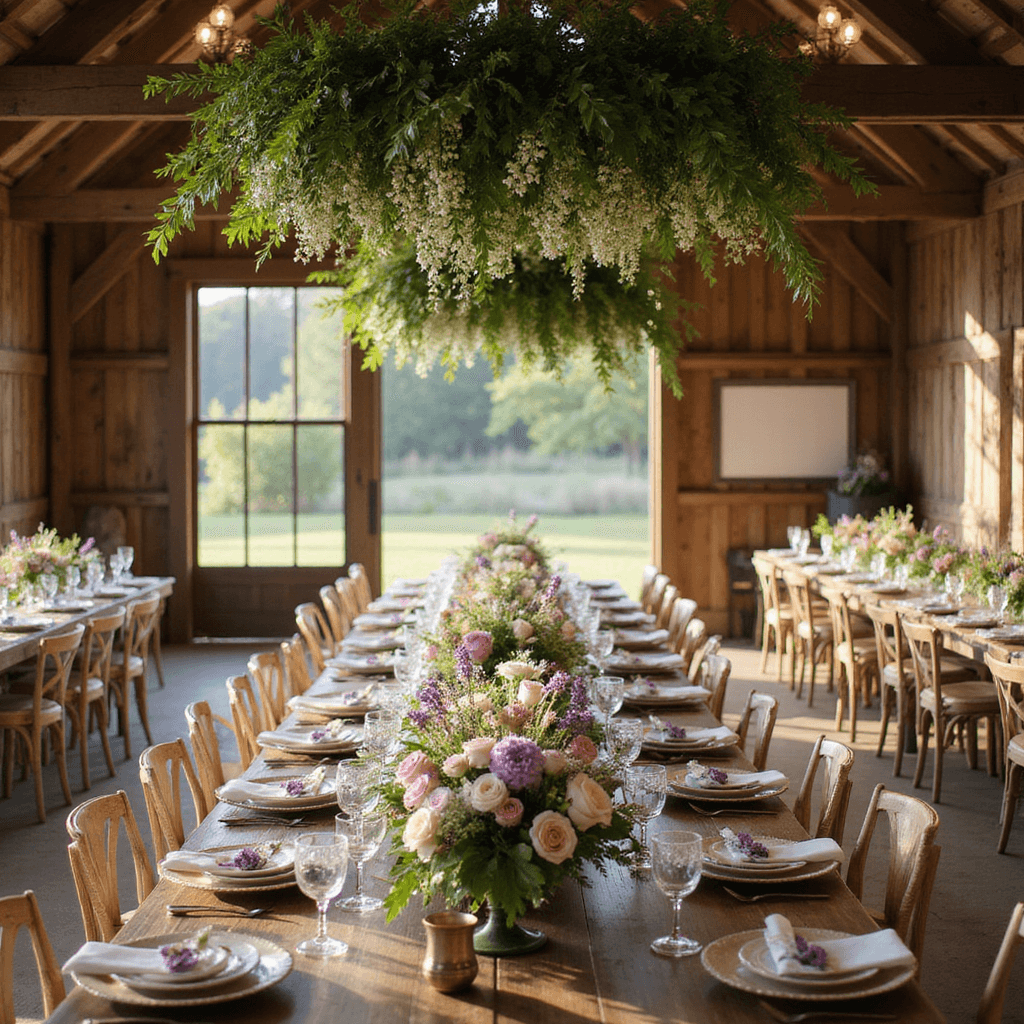 Spring Wedding Bouquets: Your Ultimate Guide to Capturing Seasonal Romance in Floral Perfection A rustic barn venue illuminated by afternoon sunlight, featuring long wooden tables adorned with vintage china and etched glassware, complemented by lush floral centerpieces and hanging greenery, creating a romantic and enchanting atmosphere.