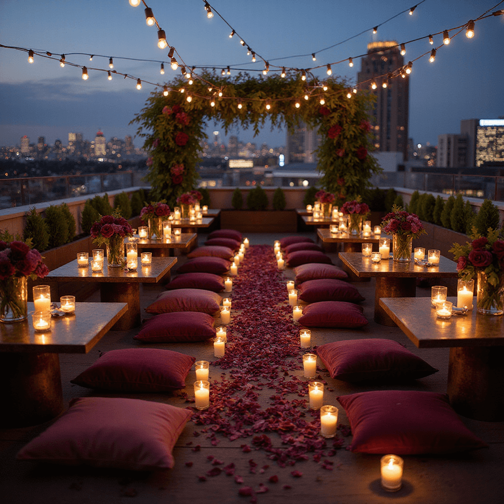 Spring Wedding Bouquets: Your Ultimate Guide to Capturing Seasonal Romance in Floral Perfection Intimate rooftop terrace at twilight, adorned with candles and string lights, featuring low tables with plush floor cushions in jewel tones, floral centerpieces in brass vessels, and a petal-strewn aisle leading to a modern floral arch against a city skyline.