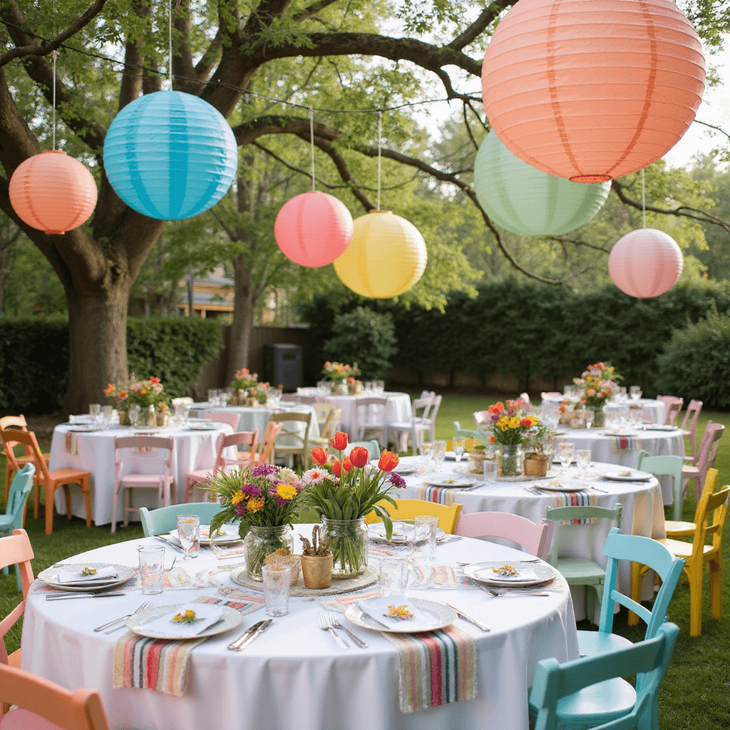 Spring Wedding Bouquets: Your Ultimate Guide to Capturing Seasonal Romance in Floral Perfection A colorful backyard celebration table setting featuring white linens, striped runners, mismatched chairs, and vibrant floral centerpieces in vintage teapots and mason jars, surrounded by pastel balloons and hanging paper lanterns.
