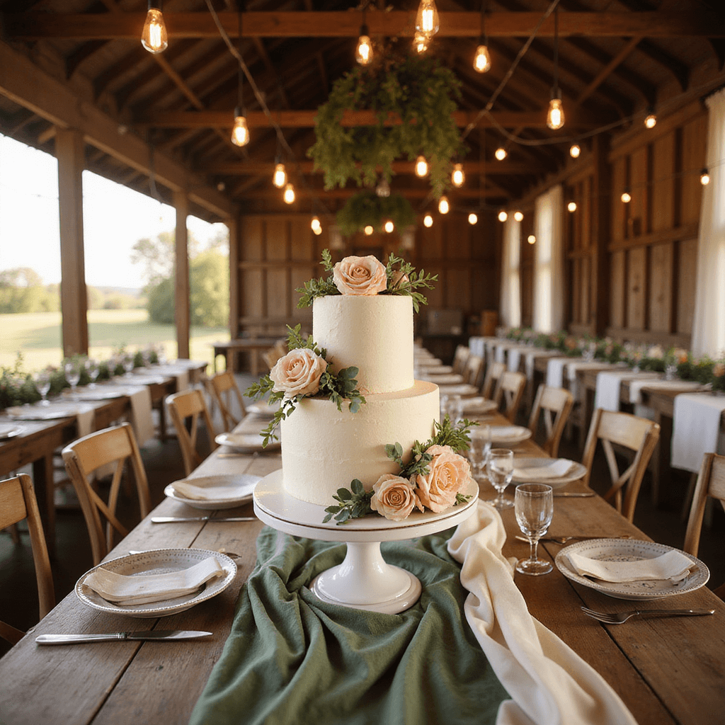 Naked Wedding Cakes with Flowers: The Ultimate Guide to Rustic Elegance A rustic barn wedding reception at golden hour featuring a long wooden table with a semi-naked three-tiered vanilla cake adorned with blush garden roses and eucalyptus, surrounded by wildflower centerpieces and vintage place settings, illuminated by soft natural light and hanging Edison bulbs.