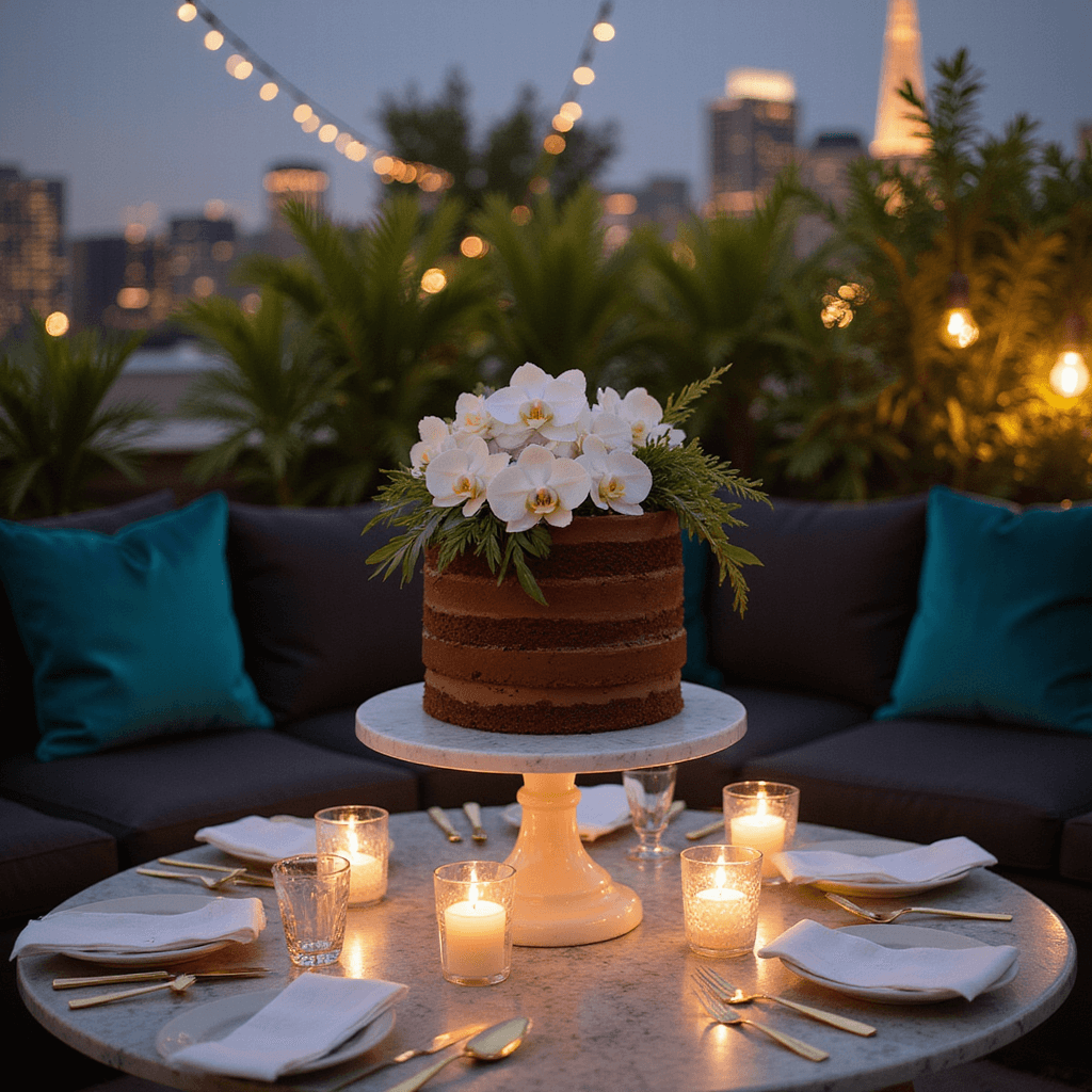 Naked Wedding Cakes with Flowers: The Ultimate Guide to Rustic Elegance Intimate rooftop terrace celebration at twilight featuring a naked chocolate cake on a marble pedestal, adorned with white orchids and tropical greenery, surrounded by twinkling fairy lights, candles, sleek glassware, and gold cutlery, with modern lounge seating in deep teal.