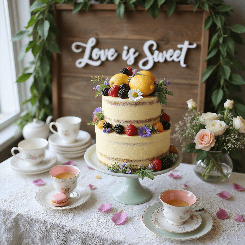Naked Wedding Cakes with Flowers: The Ultimate Guide to Rustic Elegance Overhead view of a whimsical garden party bridal shower dessert table featuring a two-tier naked lemon cake topped with seasonal fruits and wildflowers, surrounded by vintage teacups, pastel macarons, and flower petals on a lace-trimmed ivory tablecloth, with a rustic wooden backdrop displaying a 'Love is Sweet' sign in calligraphy, all illuminated by soft morning light.