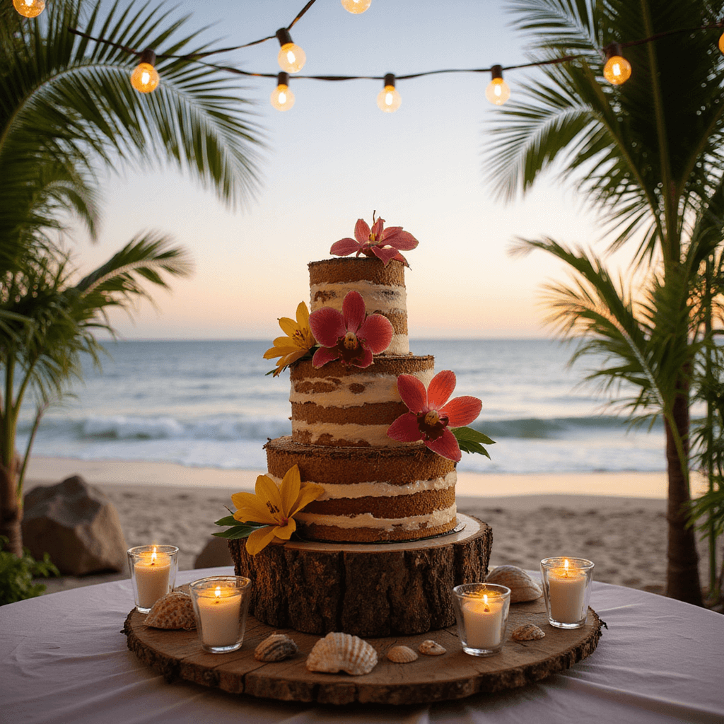 Naked Wedding Cakes with Flowers: The Ultimate Guide to Rustic Elegance Cinematic wide shot of a beachfront wedding cake display at sunset, featuring a naked coconut cake adorned with tropical flowers, seashells, and candles on a driftwood stand, framed by palm fronds and string lights above, with the ocean in the background.
