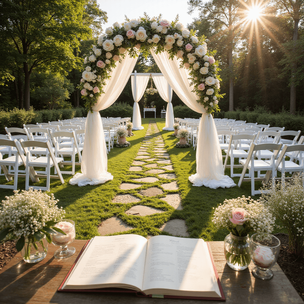 Preserving Wedding Memories: Creative Ways to Keep Your Bridal Blooms Forever A picturesque garden wedding ceremony featuring an ornate arch adorned with white roses and blush peonies, surrounded by rows of white chairs and delicate baby's breath bouquets, all illuminated by warm golden hour light.