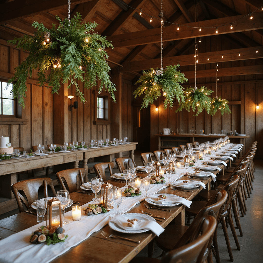 Preserving Wedding Memories: Creative Ways to Keep Your Bridal Blooms Forever An elevated view of a rustic barn reception featuring long wooden tables with ivory linen runners, greenery garlands, and copper lanterns, mismatched vintage china and crystal goblets, whimsical floral chandeliers with fairy lights, and a dessert table with a naked cake adorned with fresh figs and berries, all illuminated by soft candlelight.