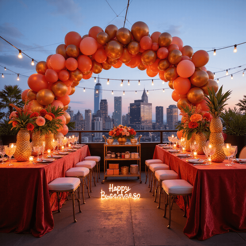 Preserving Wedding Memories: Creative Ways to Keep Your Bridal Blooms Forever A vibrant rooftop birthday celebration at dusk featuring a coral and gold balloon arch, illuminated by bistro lights, with long velvet-draped tables adorned with tropical flowers, a stylish bar cart with colorful cocktails, and a modern acrylic gift table displaying presents alongside a neon 'Happy Birthday' sign.