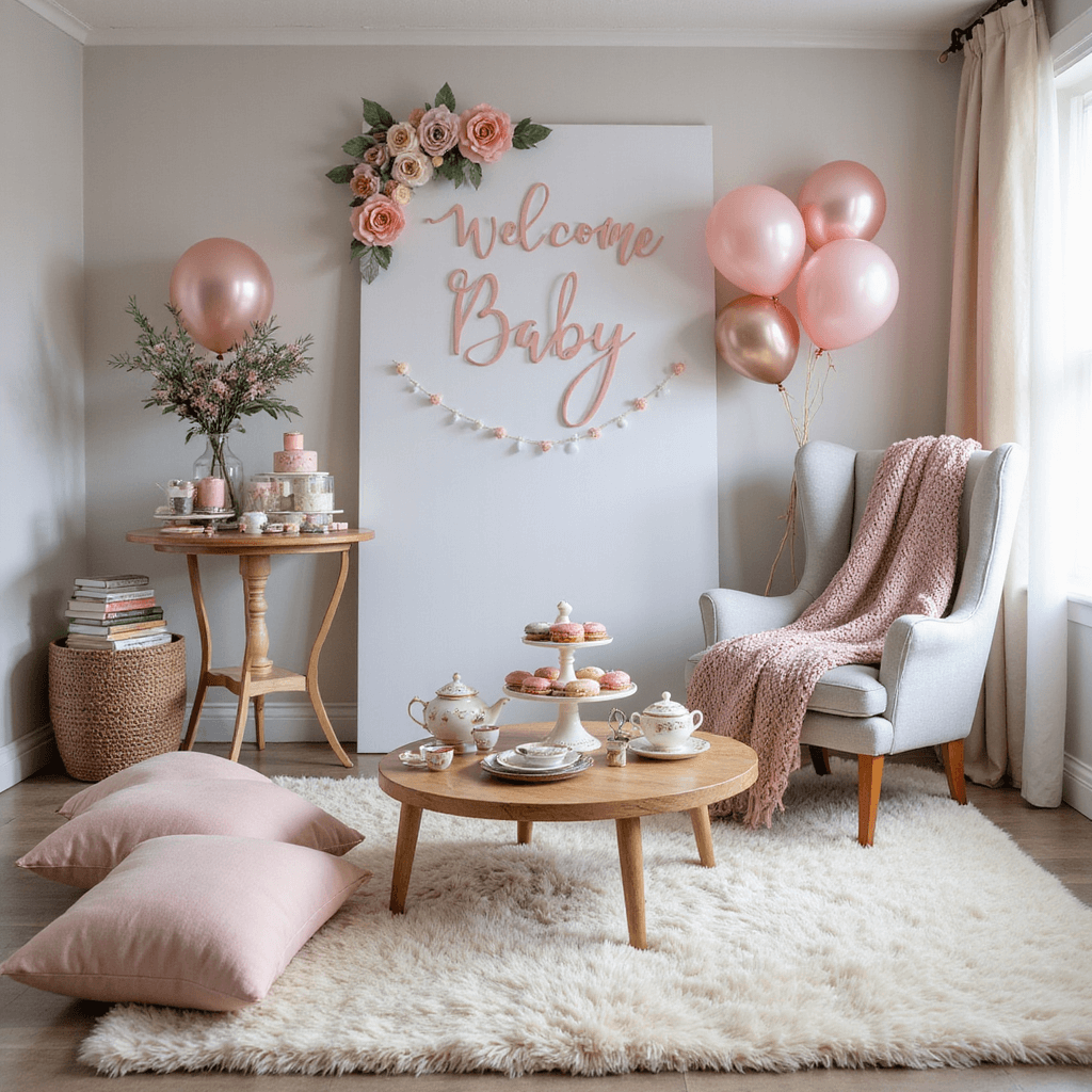 Preserving Wedding Memories: Creative Ways to Keep Your Bridal Blooms Forever A cozy winter baby shower setup in a chic living room, featuring a plush cream rug, blush floor pillows, and faux fur throws. Delicate tea sets and tiered stands of pastel treats adorn low coffee tables. A 'Welcome Baby' backdrop with paper flowers and metallic balloons enhances the scene, while a rocking chair with a knit blanket sits beside a table of children's books, all accented in soft pink and grey tones.