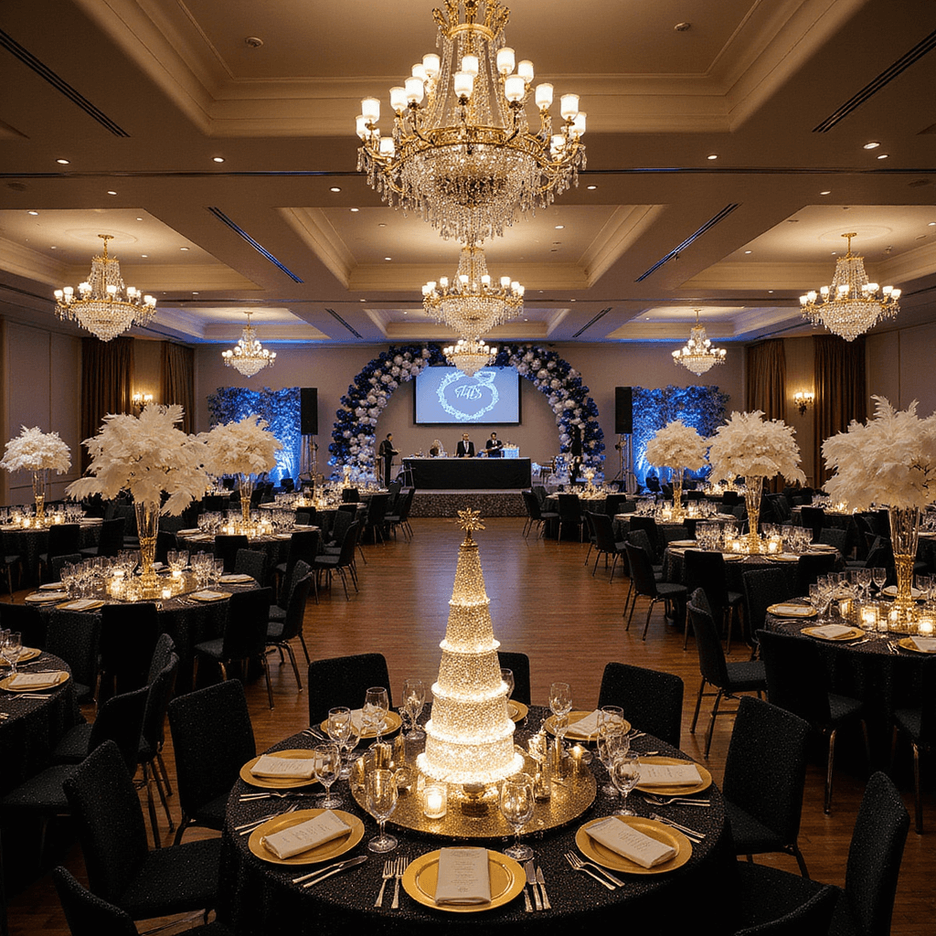 Preserving Wedding Memories: Creative Ways to Keep Your Bridal Blooms Forever A lavish New Year's Eve party in a grand ballroom, featuring crystal chandeliers, sequined black tables, elegant white orchid centerpieces, a champagne tower, and a mirrored monogram dance floor, with tuxedo-clad waiters serving caviar and champagne amidst a stunning balloon installation.