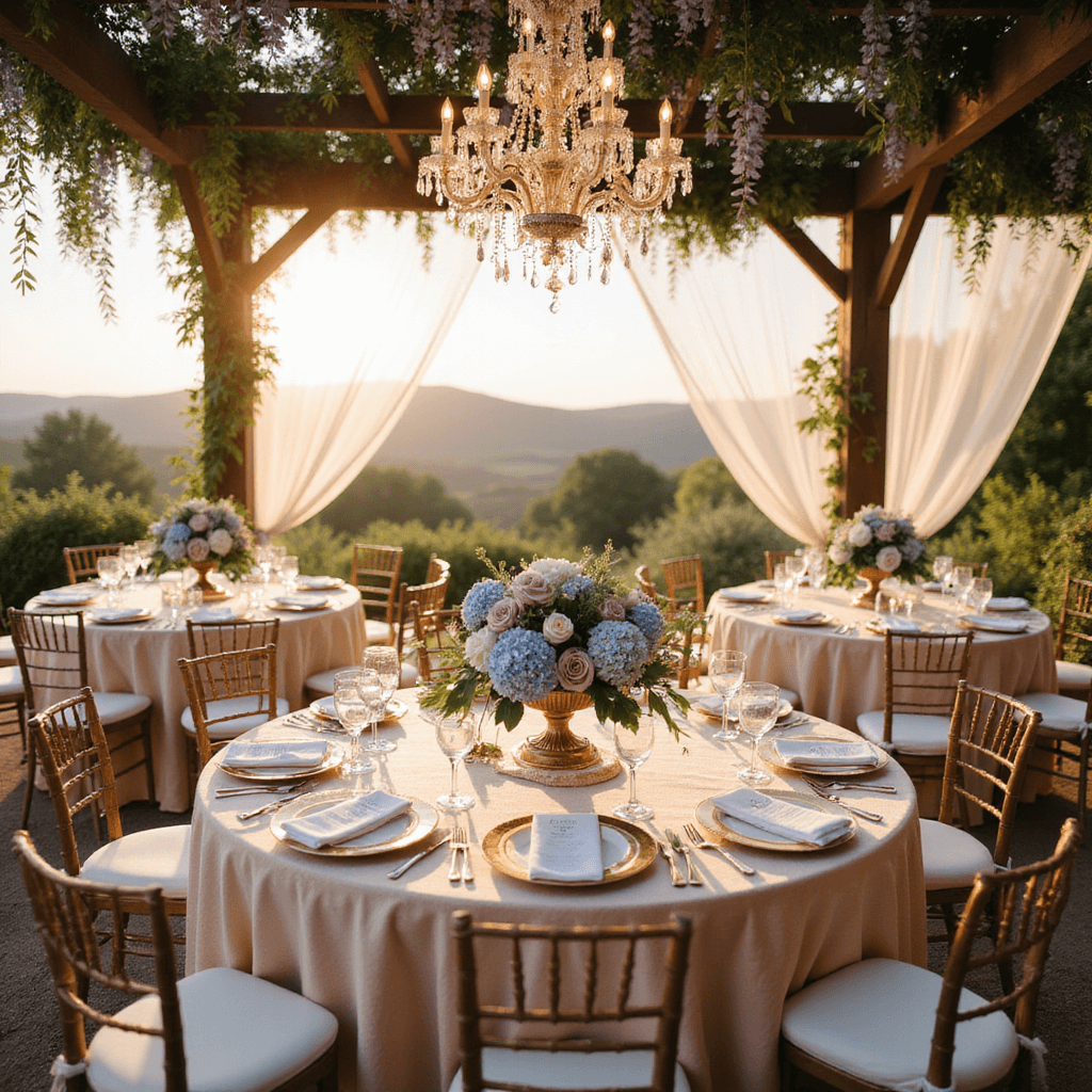 Wedding Invitation Ideas for 2025: Your Ultimate Guide to Setting the Perfect Tone A beautifully arranged garden terrace for a spring wedding, featuring blush silk tables, pastel floral centerpieces, crystal chandeliers, and flowing tulle drapery, all illuminated by golden hour light.