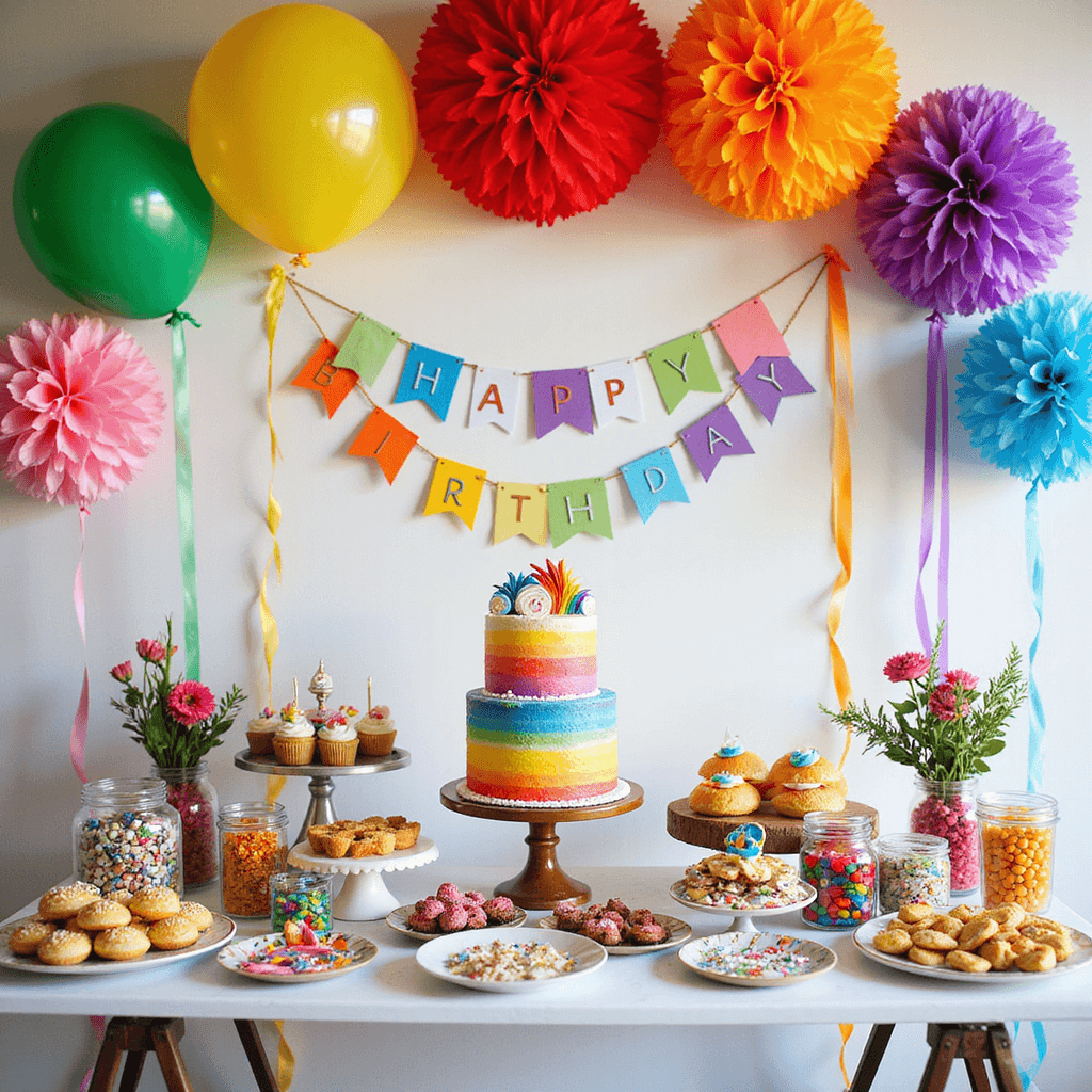 Wedding Invitation Ideas for 2025: Your Ultimate Guide to Setting the Perfect Tone A vibrant children's birthday party scene in a sun-drenched modern apartment, featuring a tiered rainbow cake, colorful cupcakes, cake pops, candy jars, floating helium balloons, DIY pom-poms, and a hand-painted 'Happy Birthday' banner, captured in an overhead flat lay.